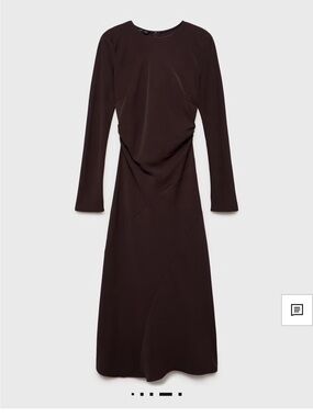 Mango Long-Sleeve Draped Midi Dress in Deep Brown